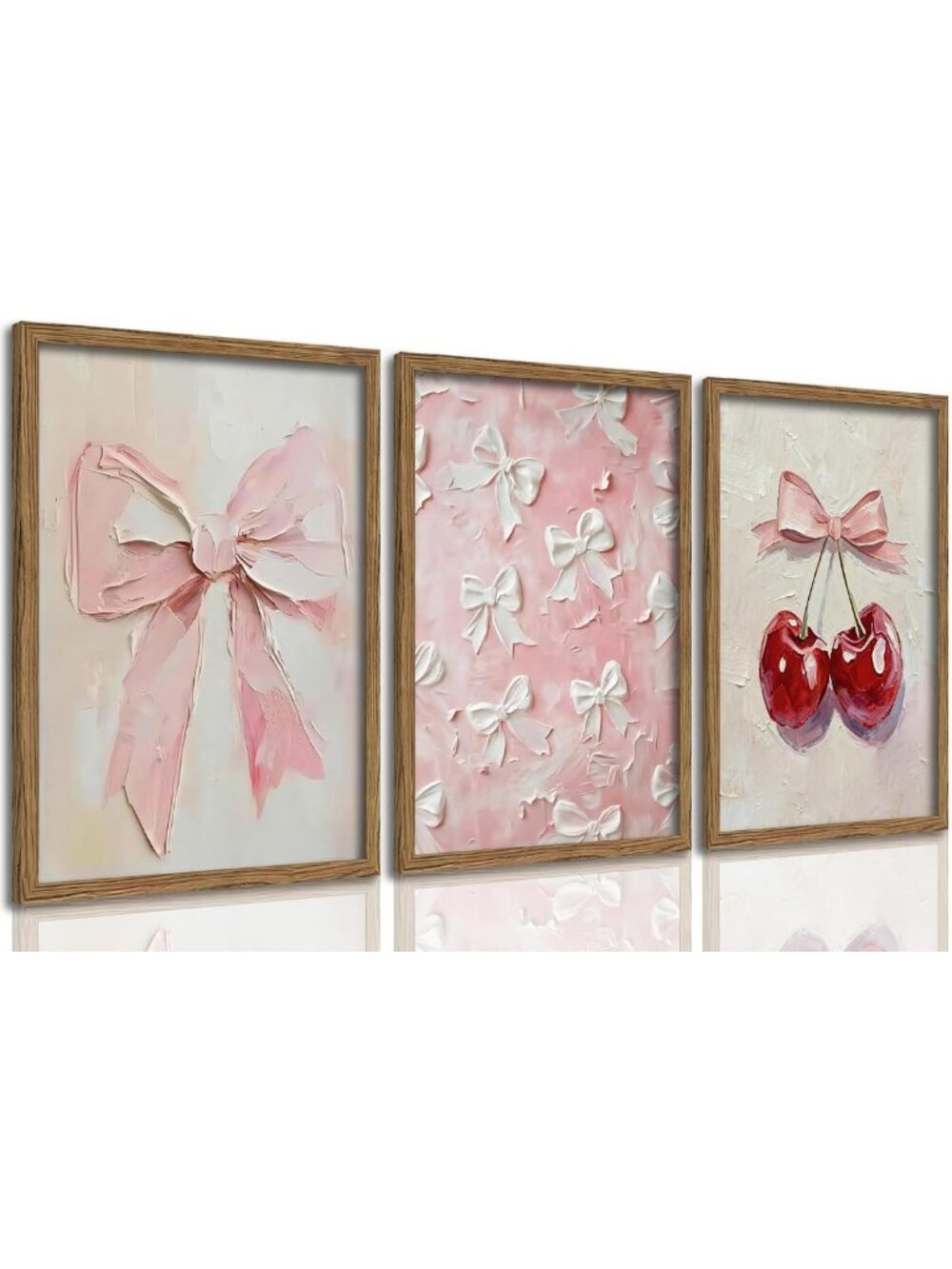 3-Piece Pink Bow Wall Art Set - Coquette Cherry Prints in Natural Wood Frame